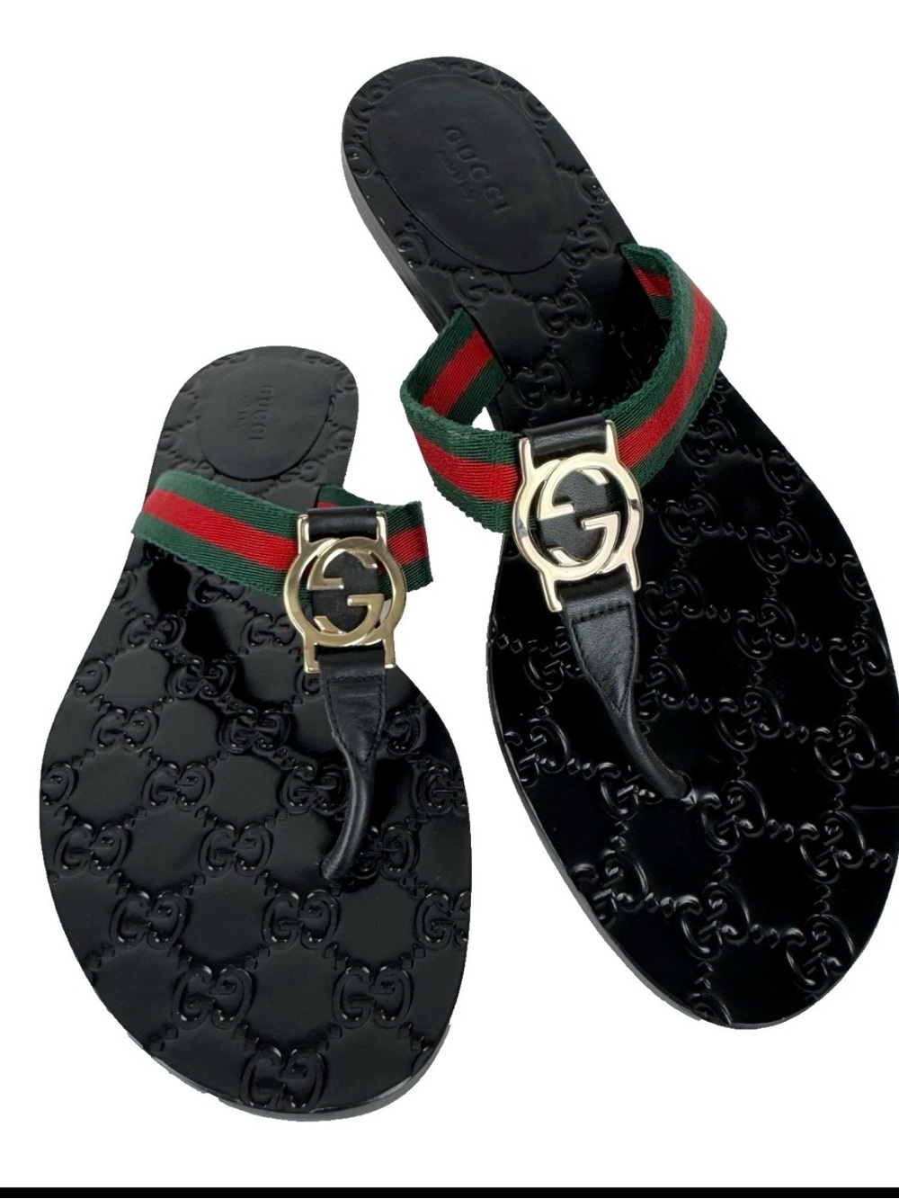 Gucci Black Leather Thong Sandals with Red and Green Web and Gold GG - Picture 3 of 15